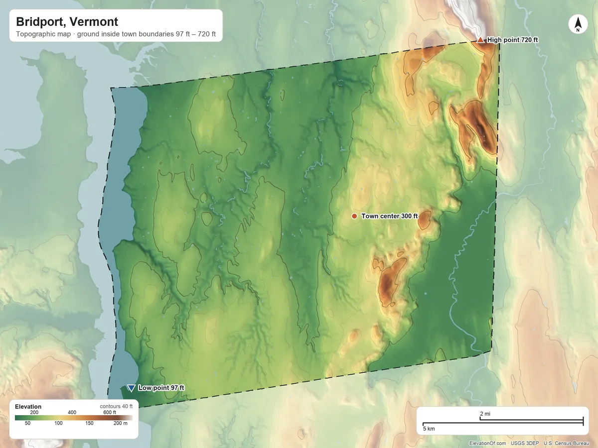 Topographic elevation map of Bridport, Vermont, shaded from 97 ft on the southwest side to 720 ft on the northeast edge, below higher ground just outside