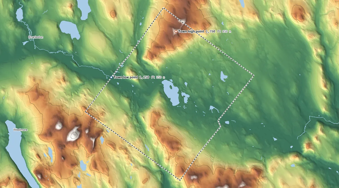 Topographic elevation map of Brighton, Vermont, shaded from 1,150 ft on the west side to 2,790 ft on Bluff Mountain