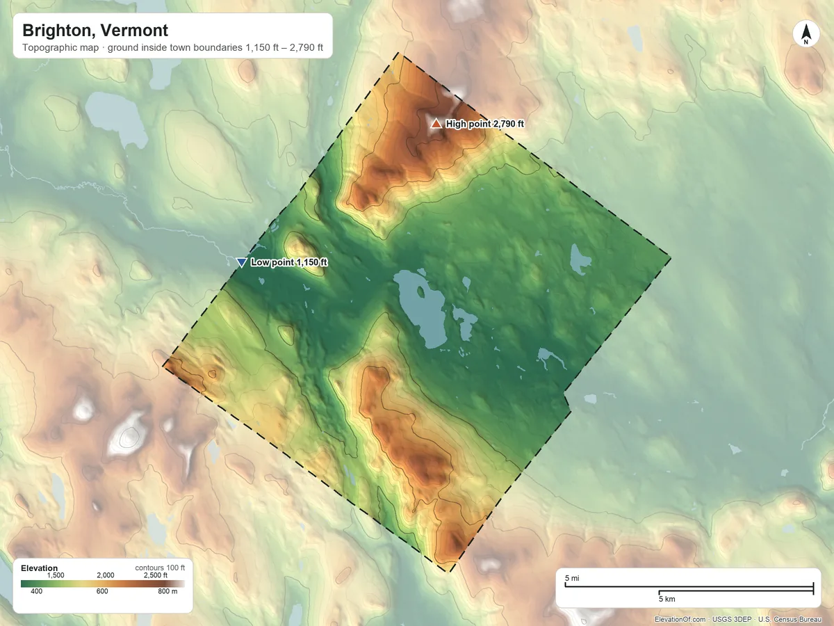Topographic elevation map of Brighton, Vermont, shaded from 1,150 ft on the west side to 2,790 ft on Bluff Mountain