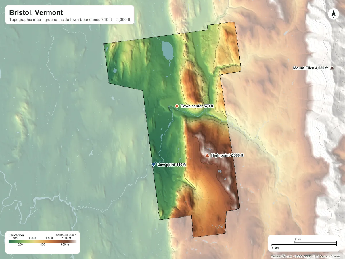 Topographic elevation map of Bristol, Vermont, shaded from 310 ft on the south side to 2,300 ft on South Mountain