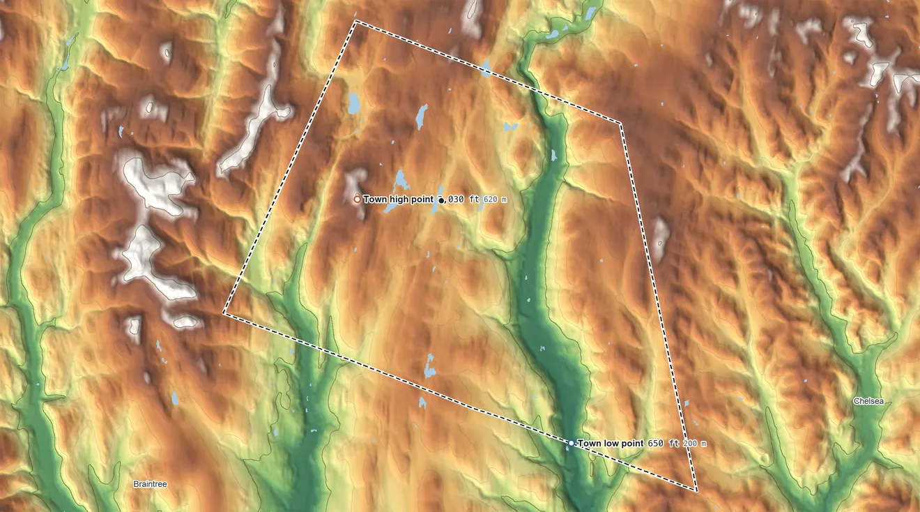 Topographic elevation map of Brookfield, Vermont, shaded from 650 ft on the southeast side to 2,030 ft on Bear Hill