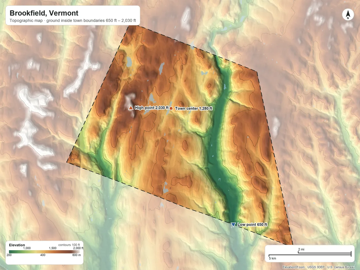 Topographic elevation map of Brookfield, Vermont, shaded from 650 ft on the southeast side to 2,030 ft on Bear Hill