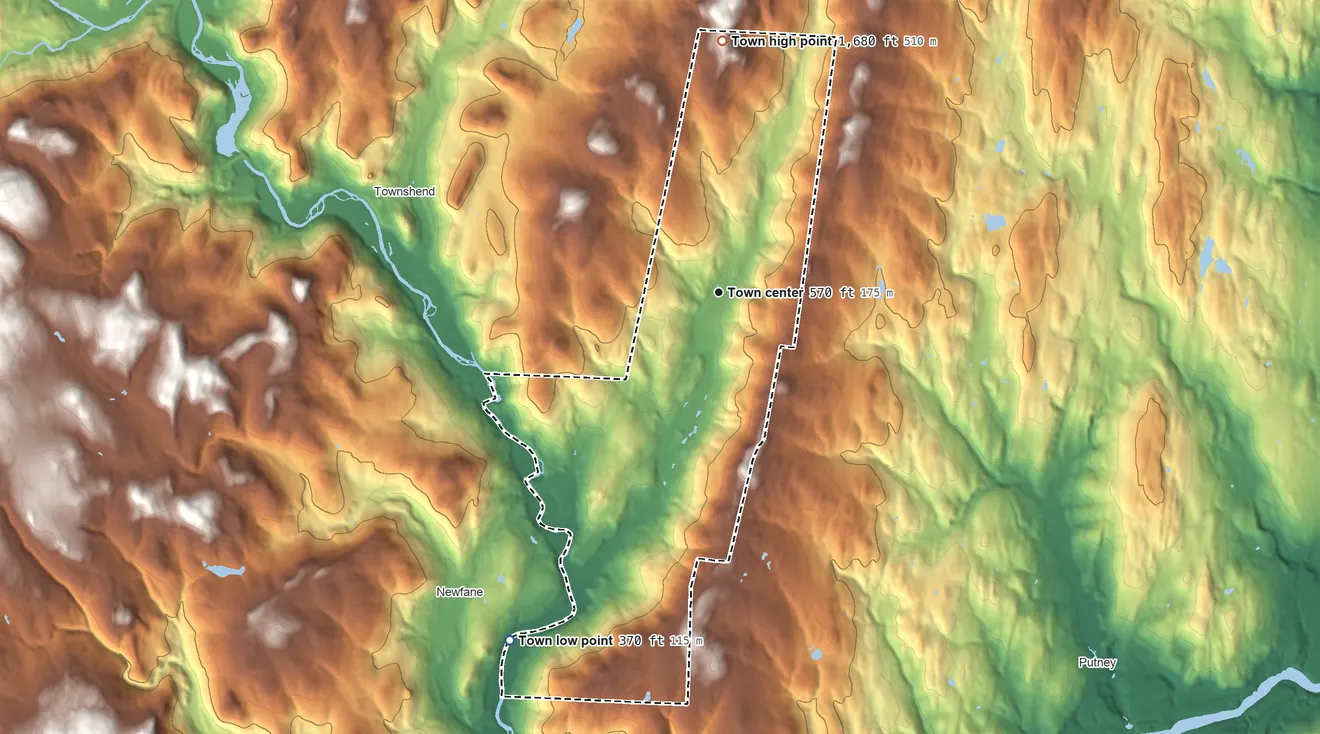 Topographic elevation map of Brookline, Vermont, shaded from 370 ft on the southwest side to 1,680 ft on the north side