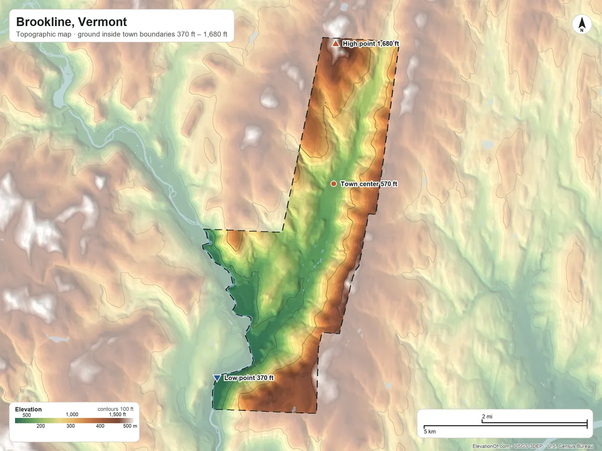 Topographic elevation map of Brookline, Vermont, shaded from 370 ft on the southwest side to 1,680 ft on the north side