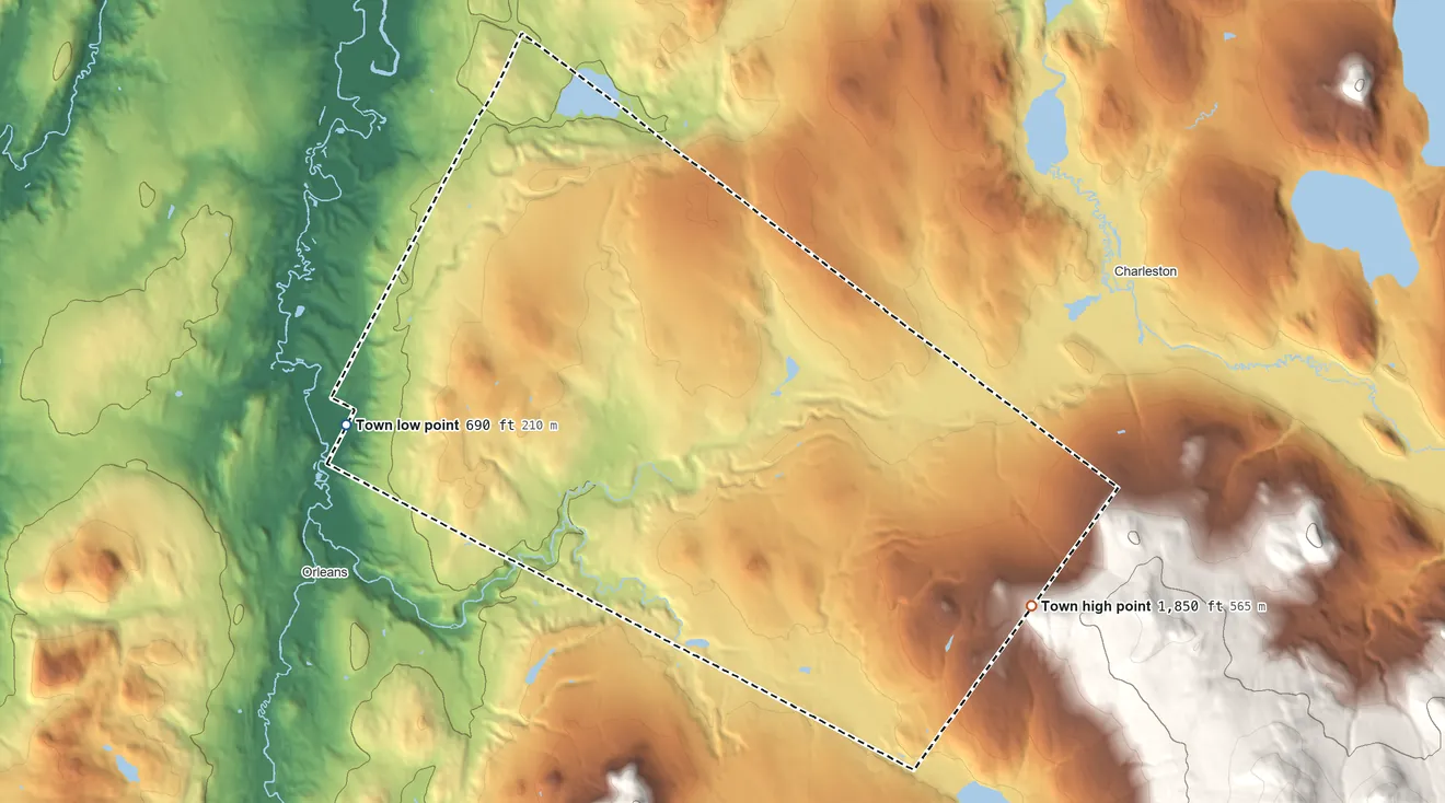 Topographic elevation map of Brownington, Vermont, shaded from 690 ft on the west side to 1,850 ft on the southeast edge, below higher ground just outside