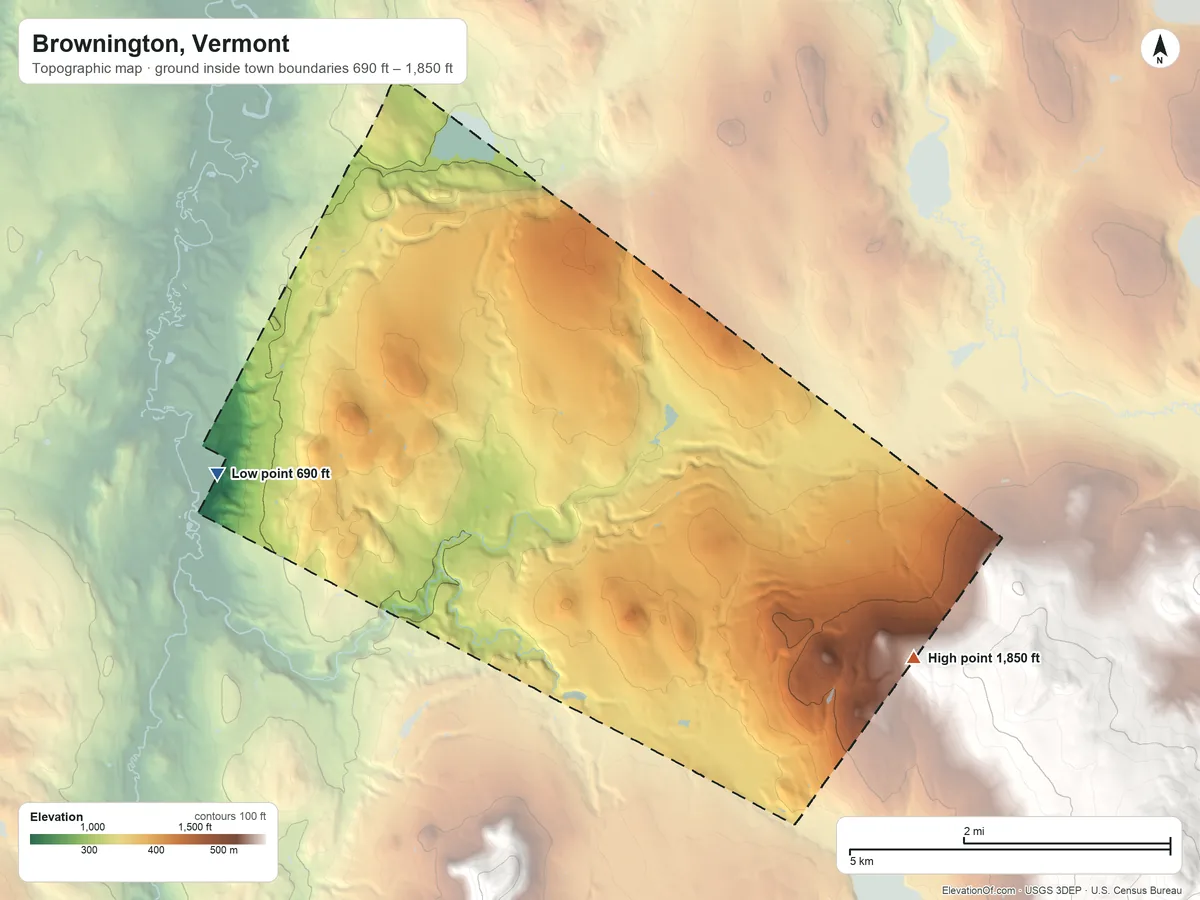 Topographic elevation map of Brownington, Vermont, shaded from 690 ft on the west side to 1,850 ft on the southeast edge, below higher ground just outside