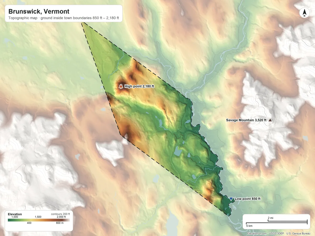 Topographic elevation map of Brunswick, Vermont, shaded from 850 ft on the southeast side to 2,180 ft on North Notch Mountain