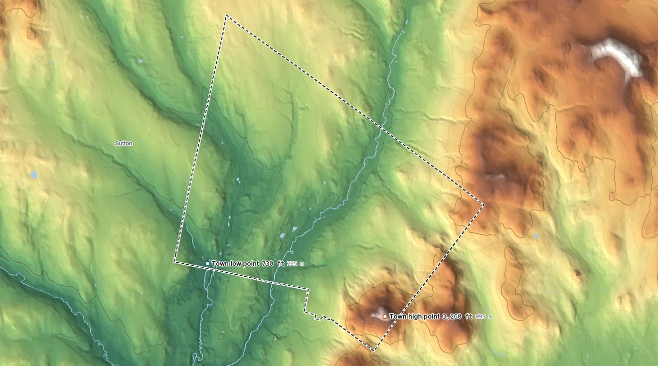 Topographic elevation map of Burke, Vermont, shaded from 730 ft on the southwest side to 3,265 ft on Burke Mountain