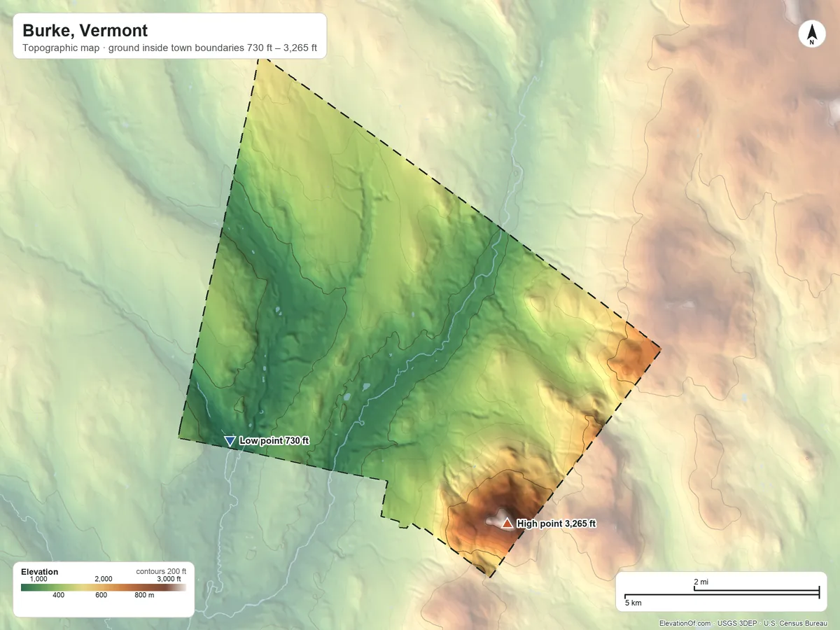 Topographic elevation map of Burke, Vermont, shaded from 730 ft on the southwest side to 3,265 ft on Burke Mountain