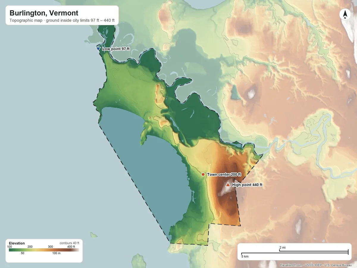 Topographic elevation map of Burlington, Vermont, shaded from 97 ft on the northwest side to 440 ft near the middle