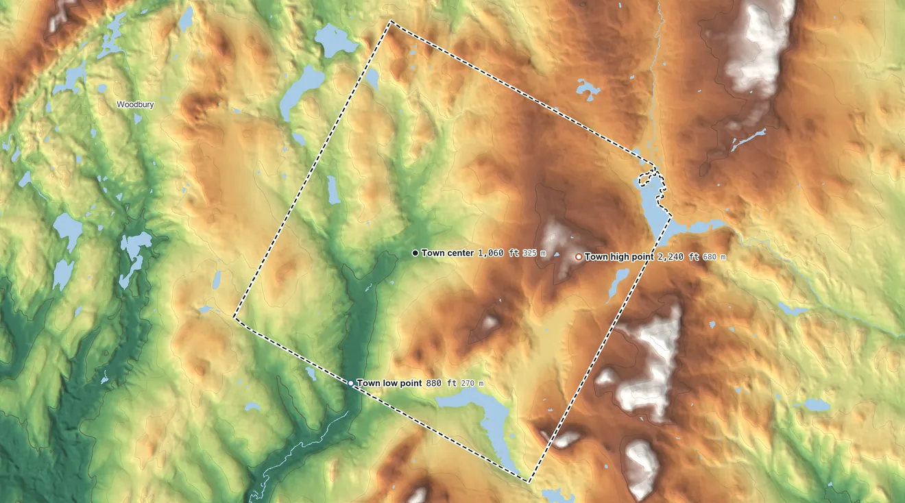 Topographic elevation map of Cabot, Vermont, shaded from 880 ft on the southwest side to 2,240 ft on the east side