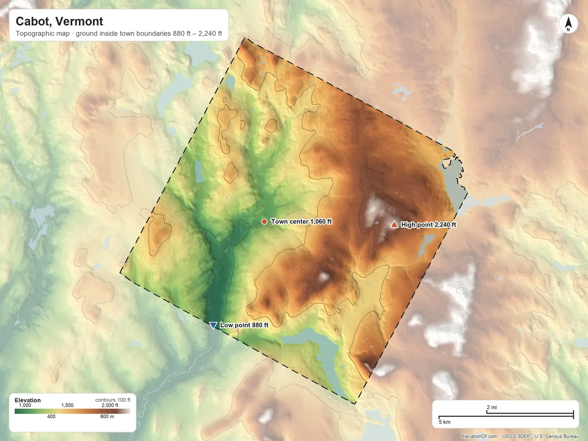 Topographic elevation map of Cabot, Vermont, shaded from 880 ft on the southwest side to 2,240 ft on the east side