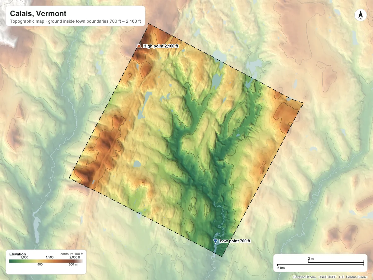 Topographic elevation map of Calais, Vermont, shaded from 700 ft on the south side to 2,160 ft on Hobart Mountain