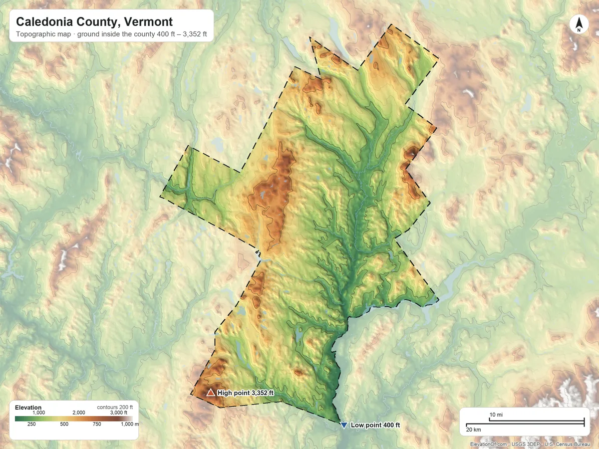 Topographic elevation map of Caledonia County, Vermont, shaded from 400 ft on the south side to 3,352 ft on Signal Mountain