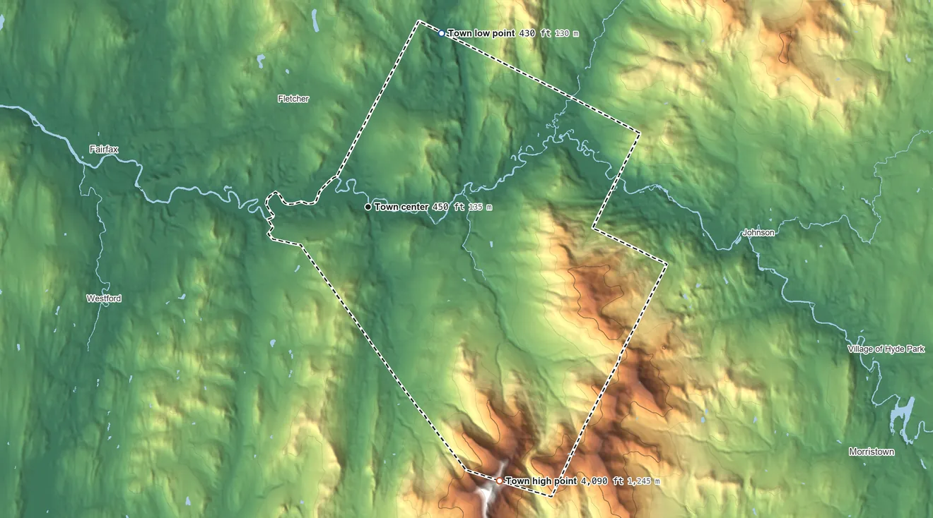 Topographic elevation map of Cambridge, Vermont, shaded from 430 ft on the northeast side to 4,090 ft on the southeast edge, below higher ground just outside