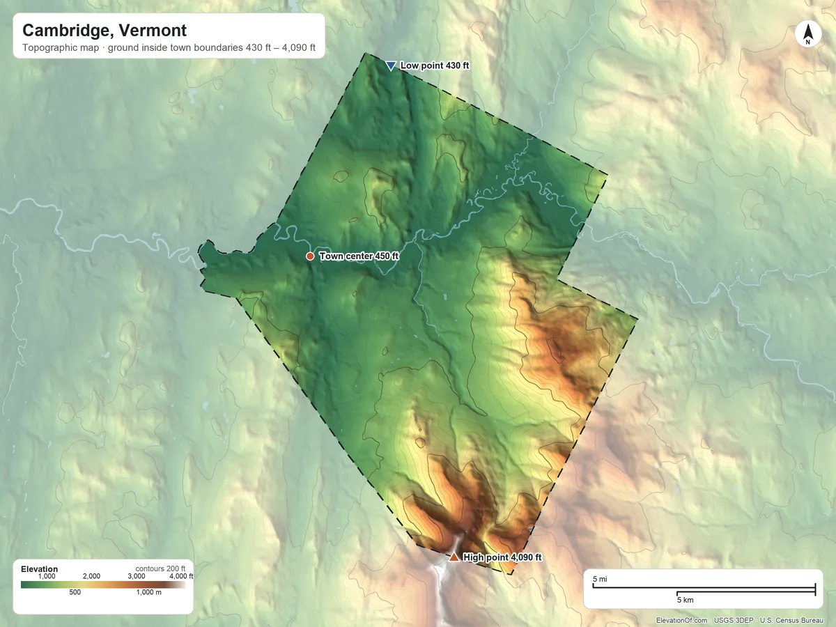 Topographic elevation map of Cambridge, Vermont, shaded from 430 ft on the northeast side to 4,090 ft on the southeast edge, below higher ground just outside
