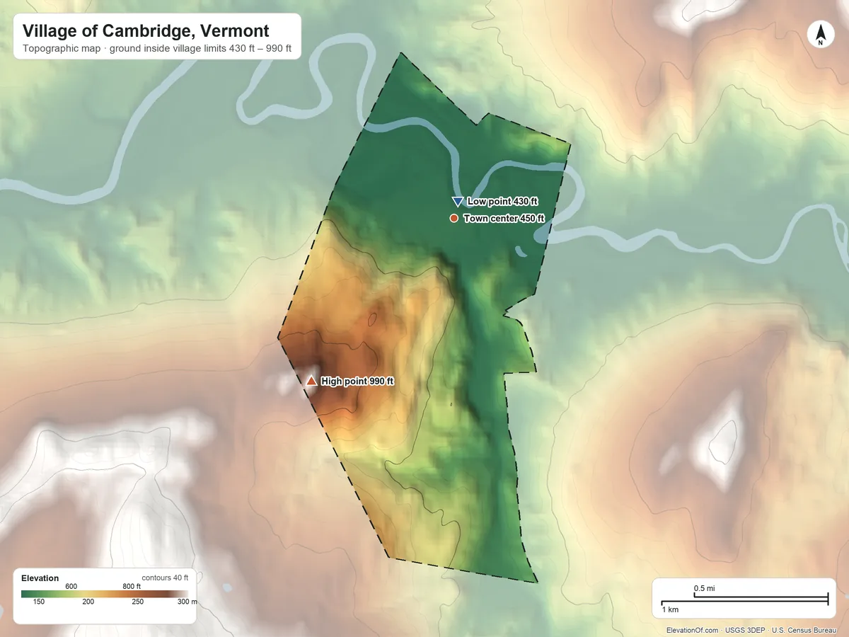 Topographic elevation map of Village of Cambridge, Vermont, shaded from 430 ft near the middle to 990 ft at the foot of the Sterling Range