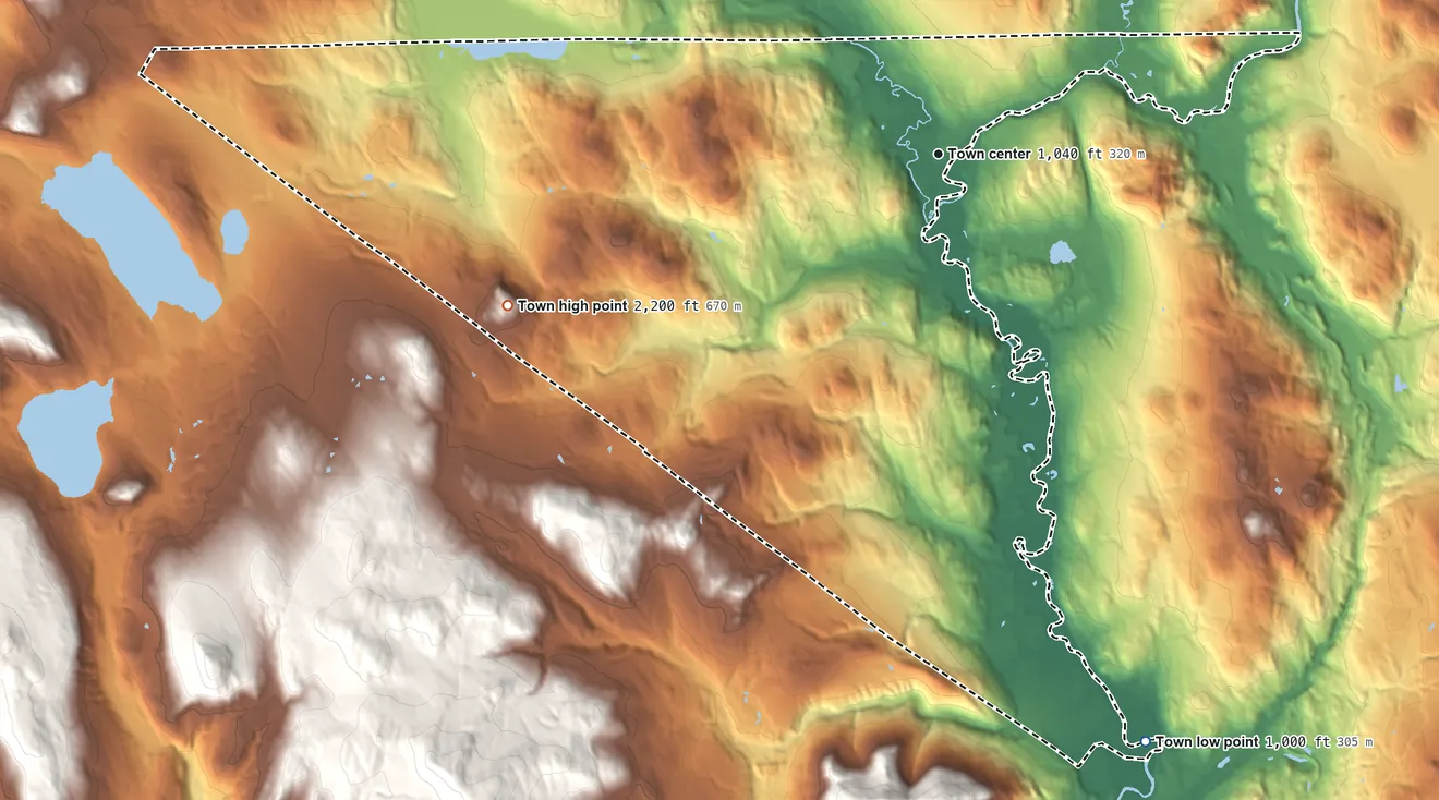 Topographic elevation map of Canaan, Vermont, shaded from 1,000 ft on the south side to 2,200 ft on Canaan Hill