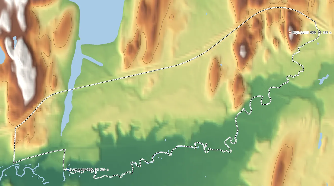 Topographic elevation map of Castleton Four Corners, Vermont, shaded from 360 ft on the southwest side to 630 ft on Graham Hill