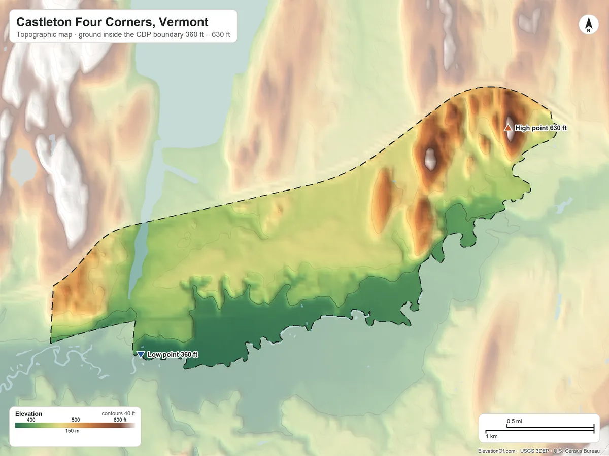 Topographic elevation map of Castleton Four Corners, Vermont, shaded from 360 ft on the southwest side to 630 ft on Graham Hill