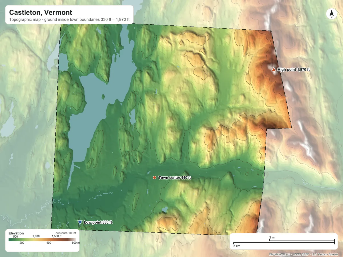 Topographic elevation map of Castleton, Vermont, shaded from 330 ft on the southwest side to 1,970 ft on Grandpa Knob