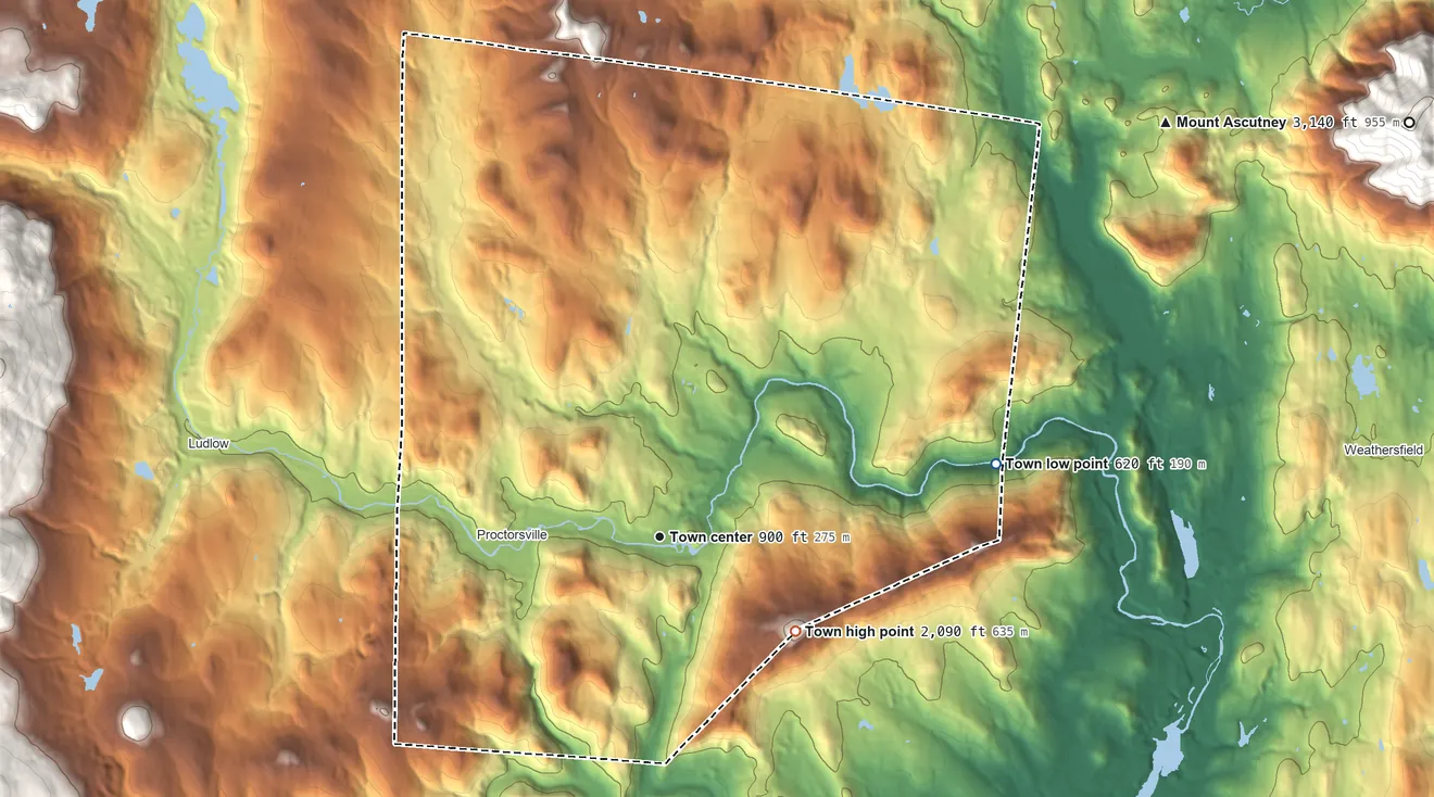 Topographic elevation map of Cavendish, Vermont, shaded from 620 ft on the east side to 2,090 ft on Hawks Mountain
