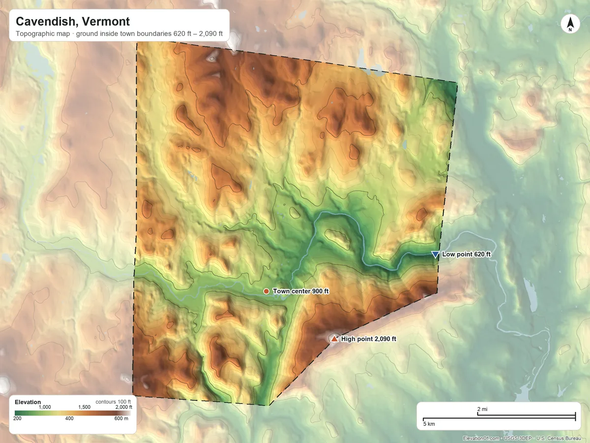 Topographic elevation map of Cavendish, Vermont, shaded from 620 ft on the east side to 2,090 ft on Hawks Mountain