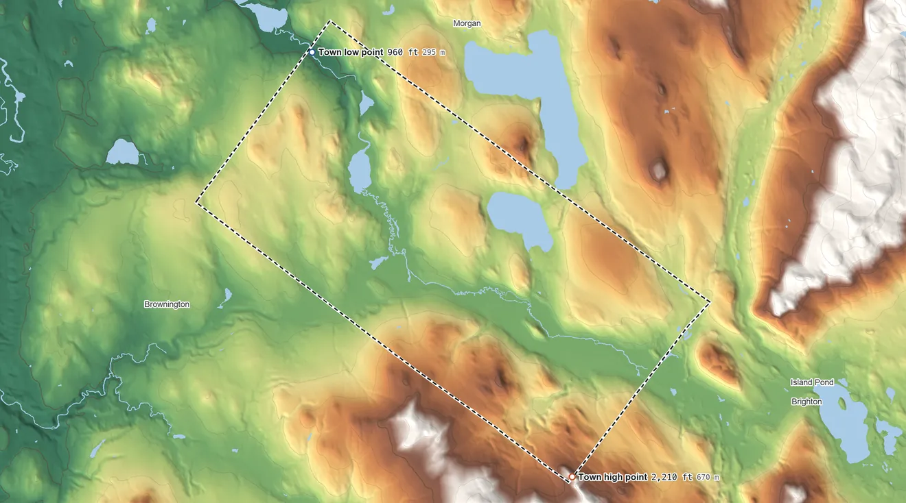 Topographic elevation map of Charleston, Vermont, shaded from 960 ft on the northwest side to 2,210 ft at the foot of the East Haven Range