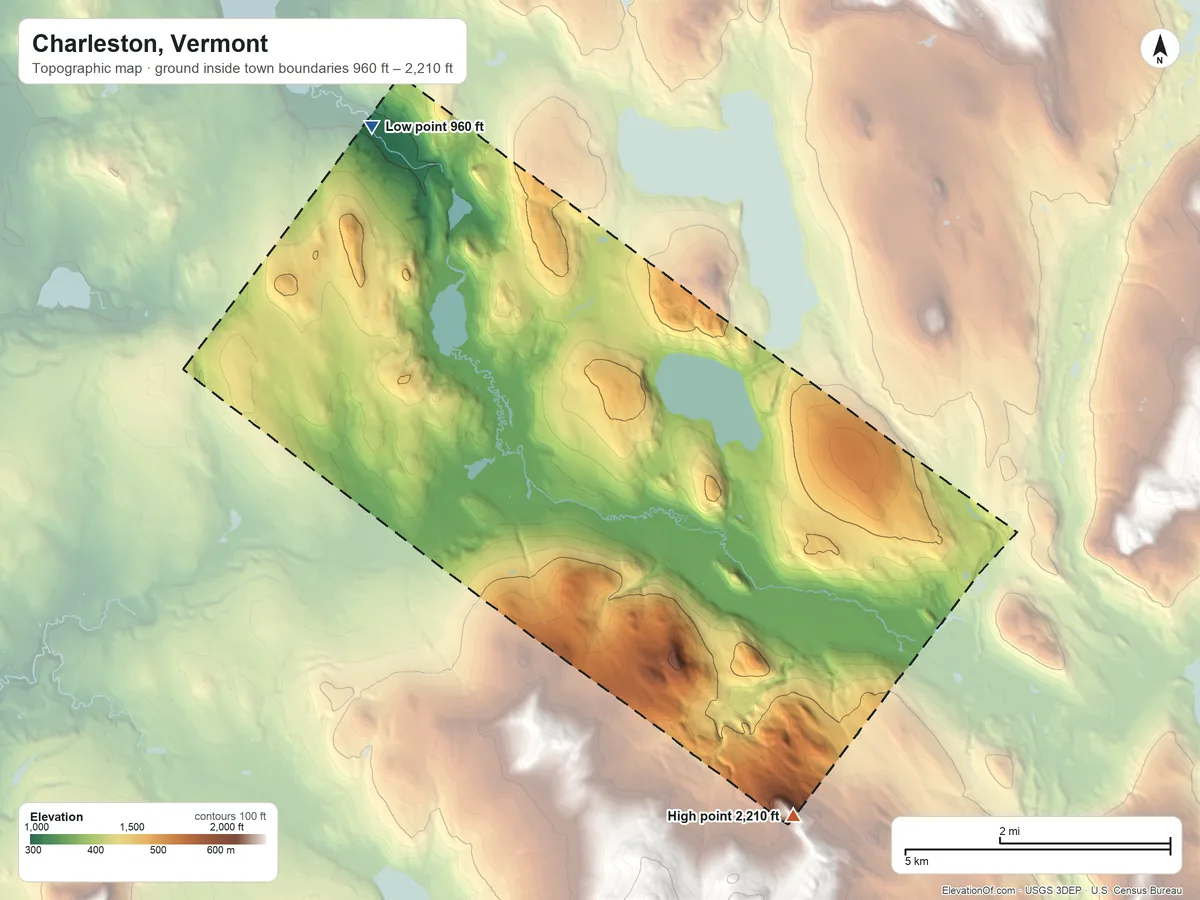 Topographic elevation map of Charleston, Vermont, shaded from 960 ft on the northwest side to 2,210 ft at the foot of the East Haven Range