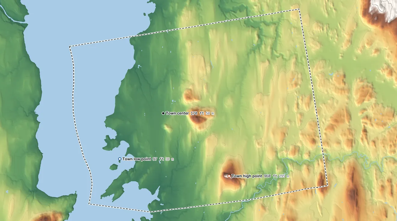 Topographic elevation map of Charlotte, Vermont, shaded from 97 ft on the southwest side to 960 ft on Mount Philo