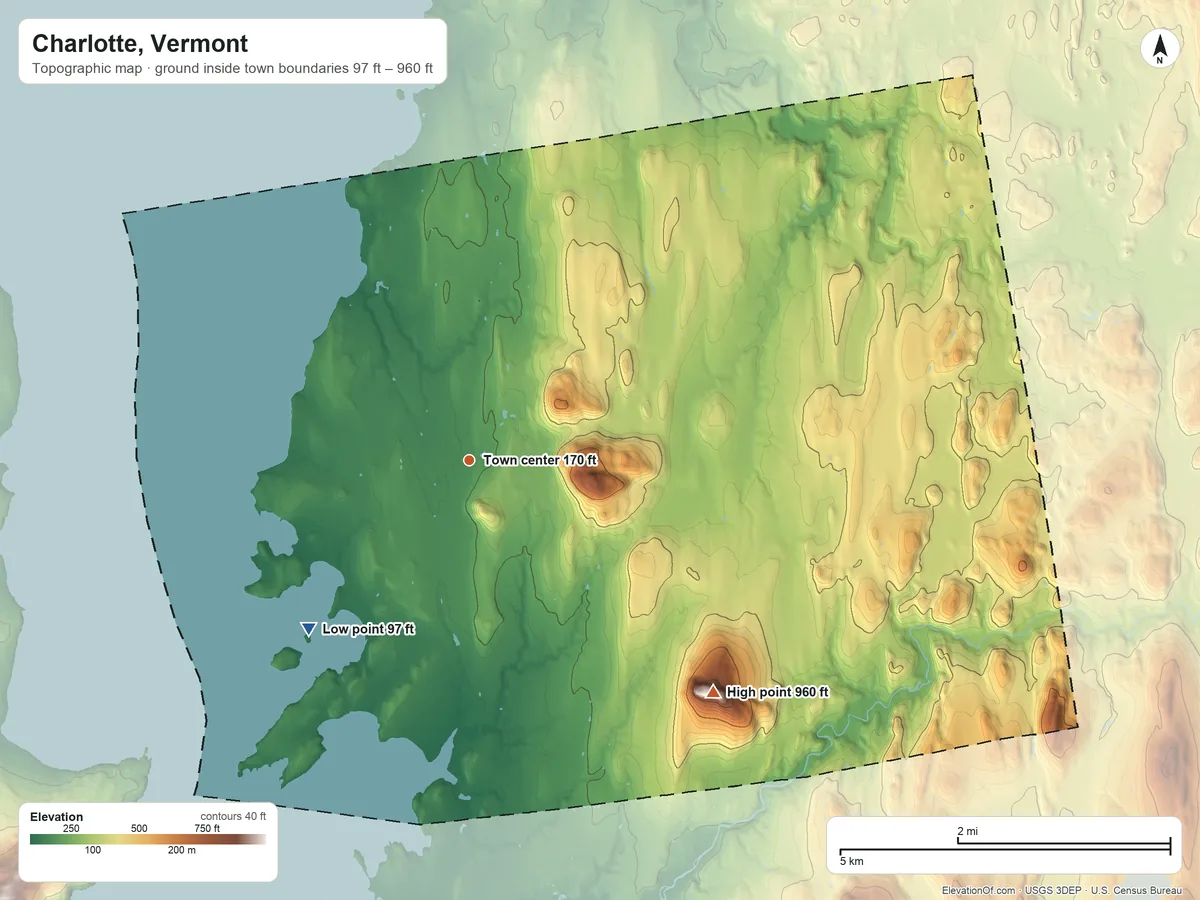 Topographic elevation map of Charlotte, Vermont, shaded from 97 ft on the southwest side to 960 ft on Mount Philo