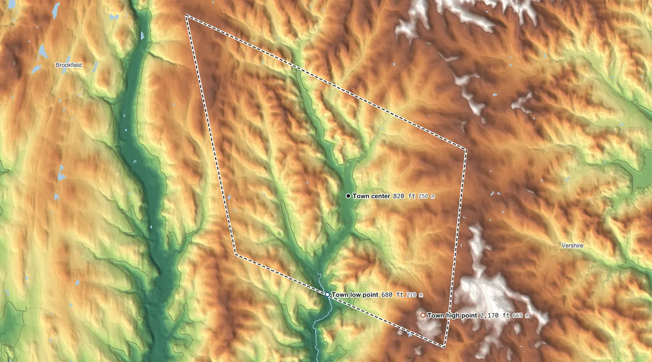 Topographic elevation map of Chelsea, Vermont, shaded from 680 ft on the south side to 2,170 ft on the southeast side