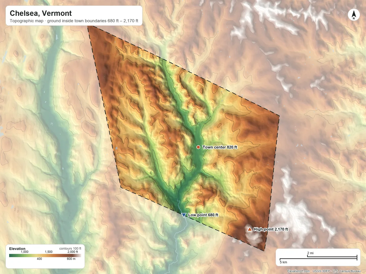 Topographic elevation map of Chelsea, Vermont, shaded from 680 ft on the south side to 2,170 ft on the southeast side