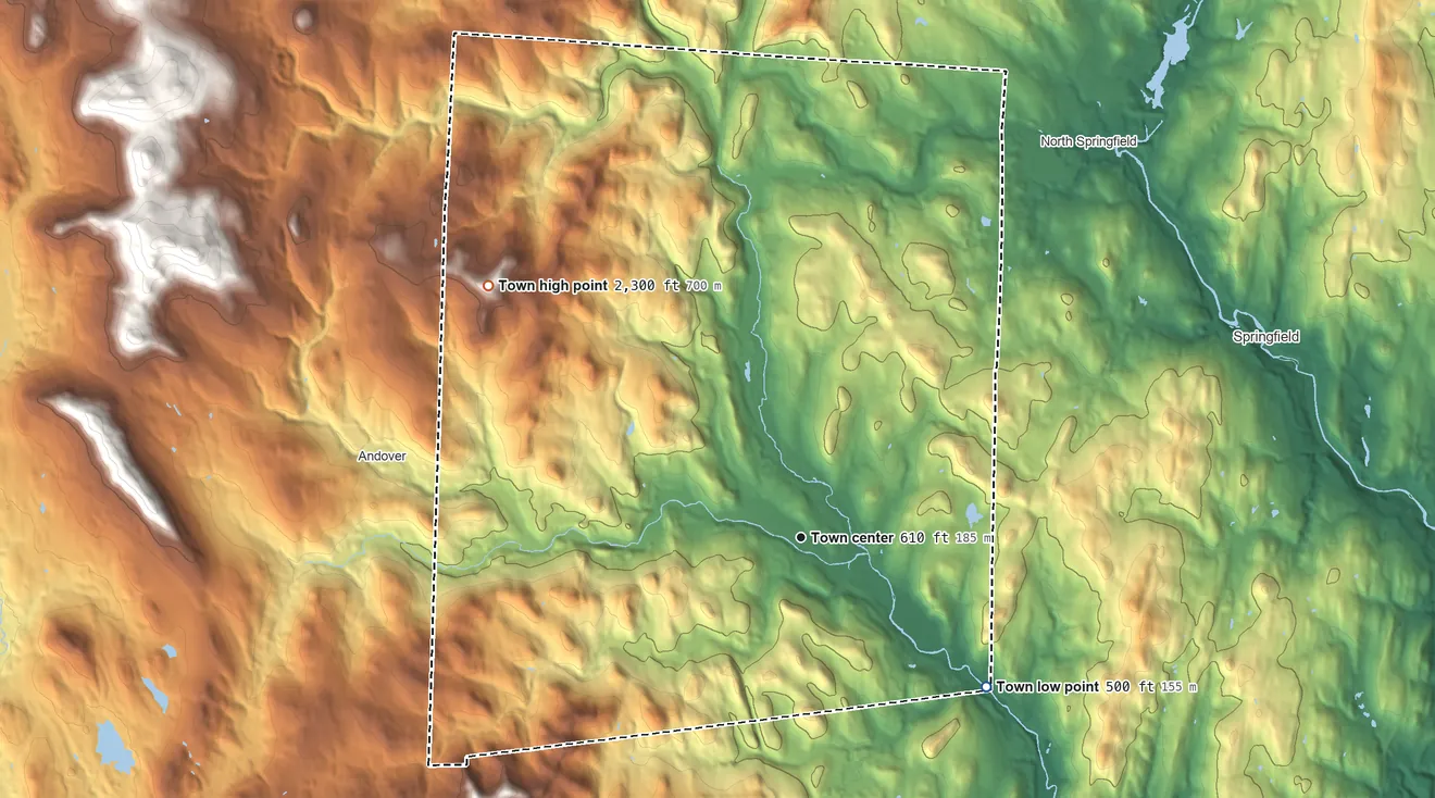 Topographic elevation map of Chester, Vermont, shaded from 500 ft on the southeast side to 2,300 ft on Steadman Hill