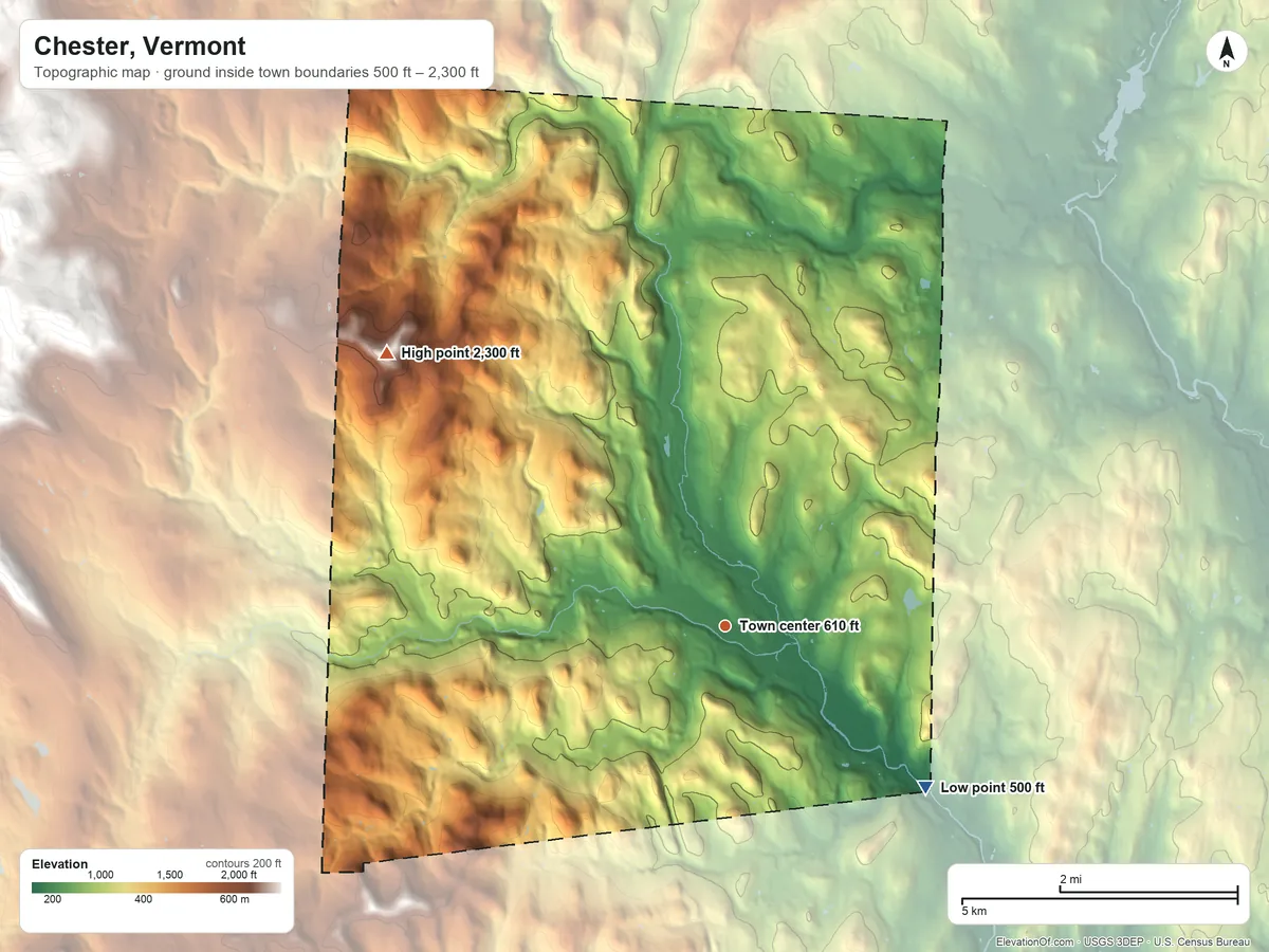 Topographic elevation map of Chester, Vermont, shaded from 500 ft on the southeast side to 2,300 ft on Steadman Hill
