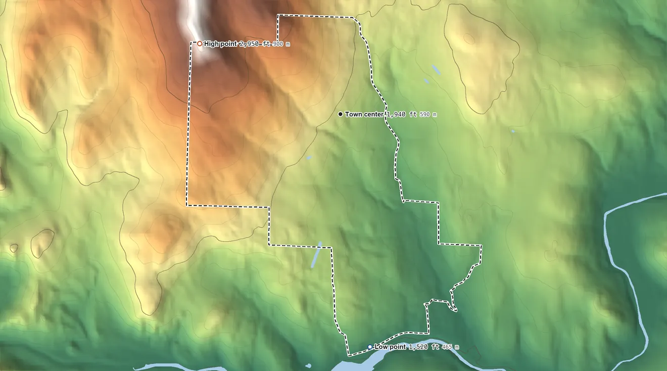 Topographic elevation map of Chimney Hill, Vermont, shaded from 1,520 ft on the south side to 2,950 ft on the northwest edge, below higher ground just outside