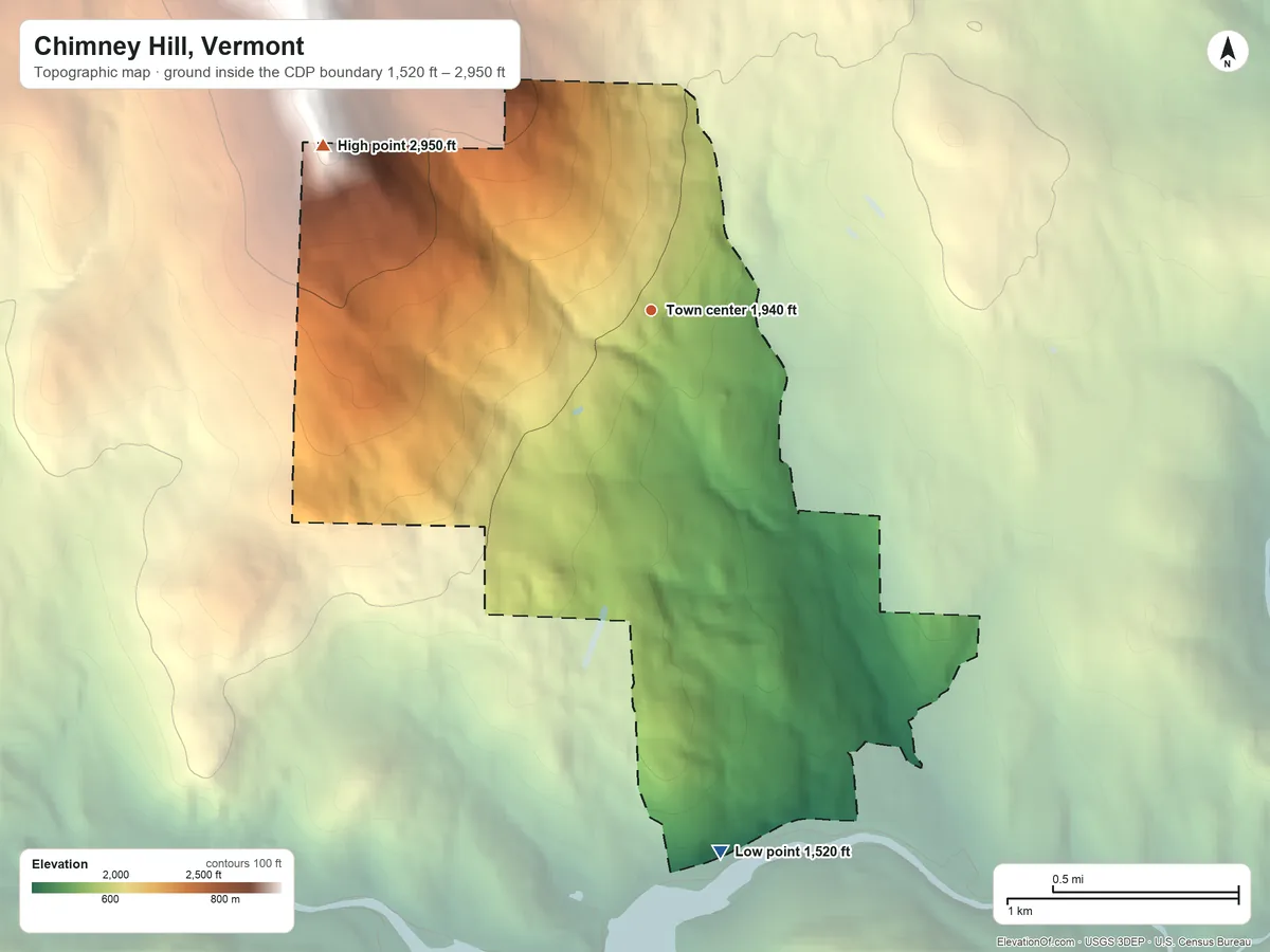 Topographic elevation map of Chimney Hill, Vermont, shaded from 1,520 ft on the south side to 2,950 ft on the northwest edge, below higher ground just outside