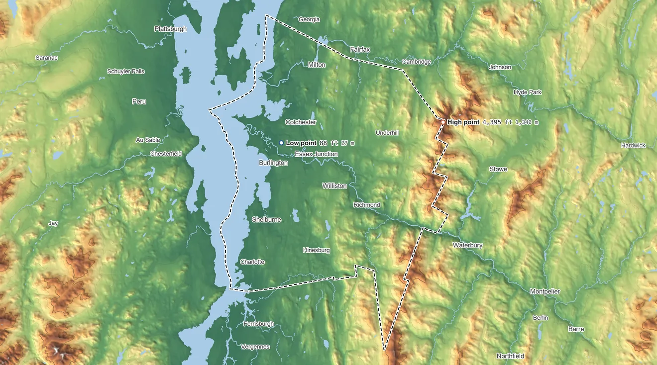 Topographic elevation map of Chittenden County, Vermont, shaded from 88 ft on the northwest side to 4,395 ft on Mount Mansfield