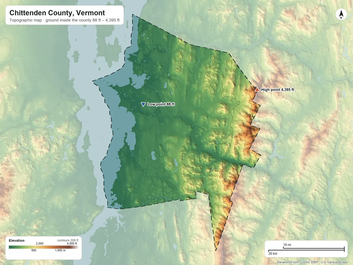 Topographic elevation map of Chittenden County, Vermont, shaded from 88 ft on the northwest side to 4,395 ft on Mount Mansfield