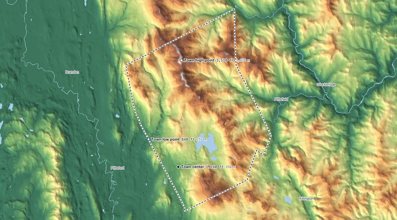 Topographic elevation map of Chittenden, Vermont, shaded from 840 ft on the northwest side to 3,510 ft on Farr Peak