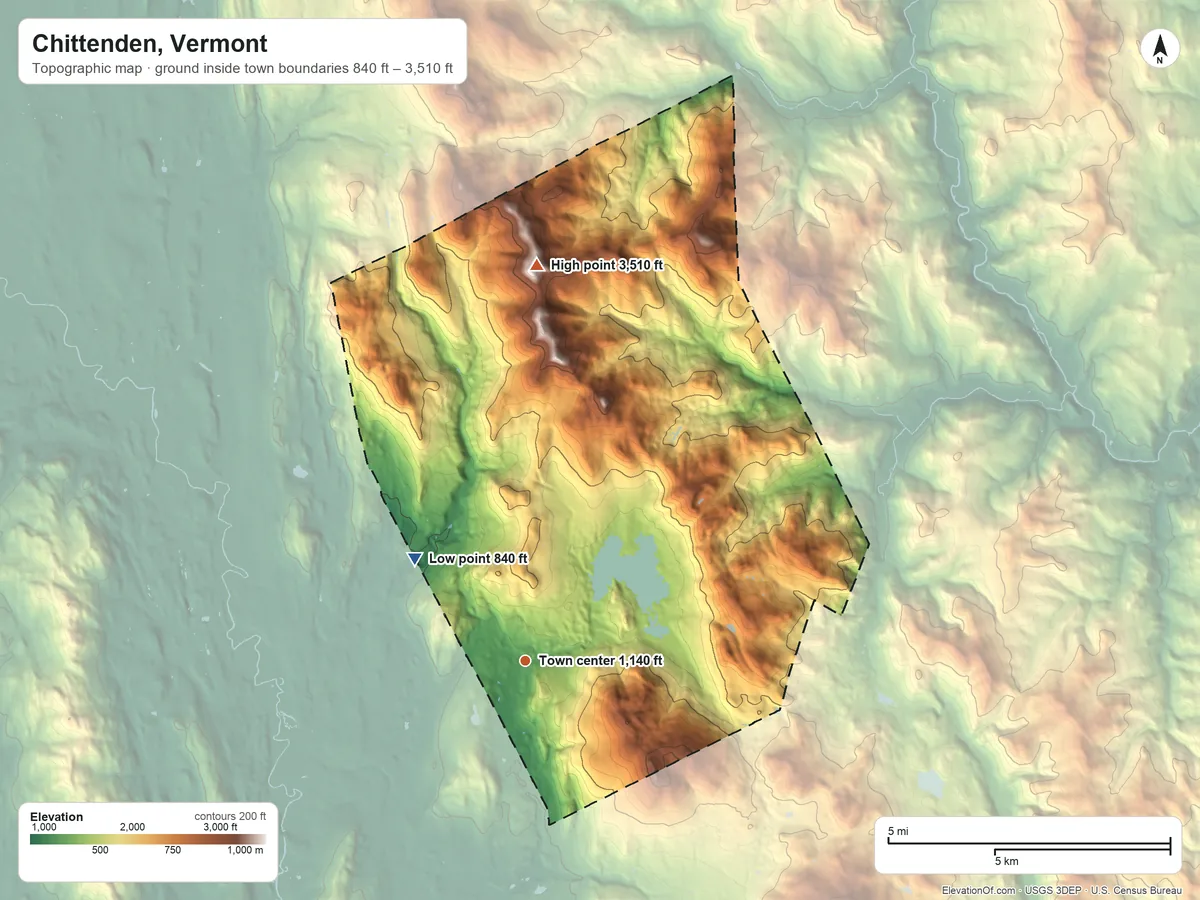 Topographic elevation map of Chittenden, Vermont, shaded from 840 ft on the northwest side to 3,510 ft on Farr Peak