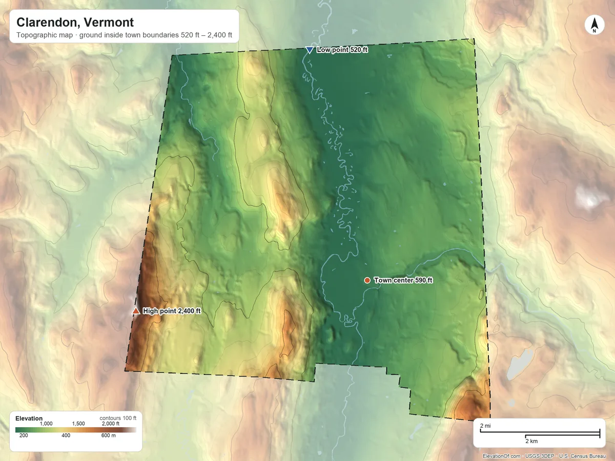 Topographic elevation map of Clarendon, Vermont, shaded from 520 ft on the north side to 2,400 ft on Edmunds Peak