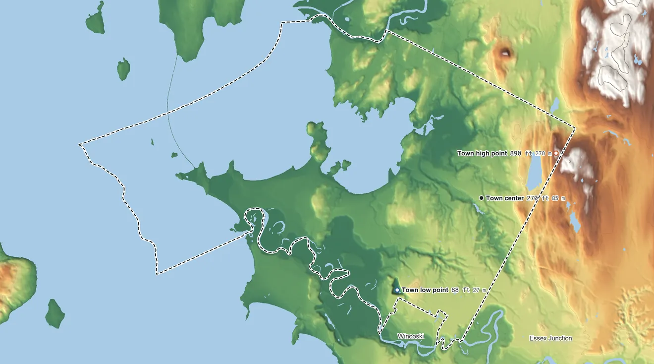 Topographic elevation map of Colchester, Vermont, shaded from 88 ft on the southwest side to 890 ft on the northeast side