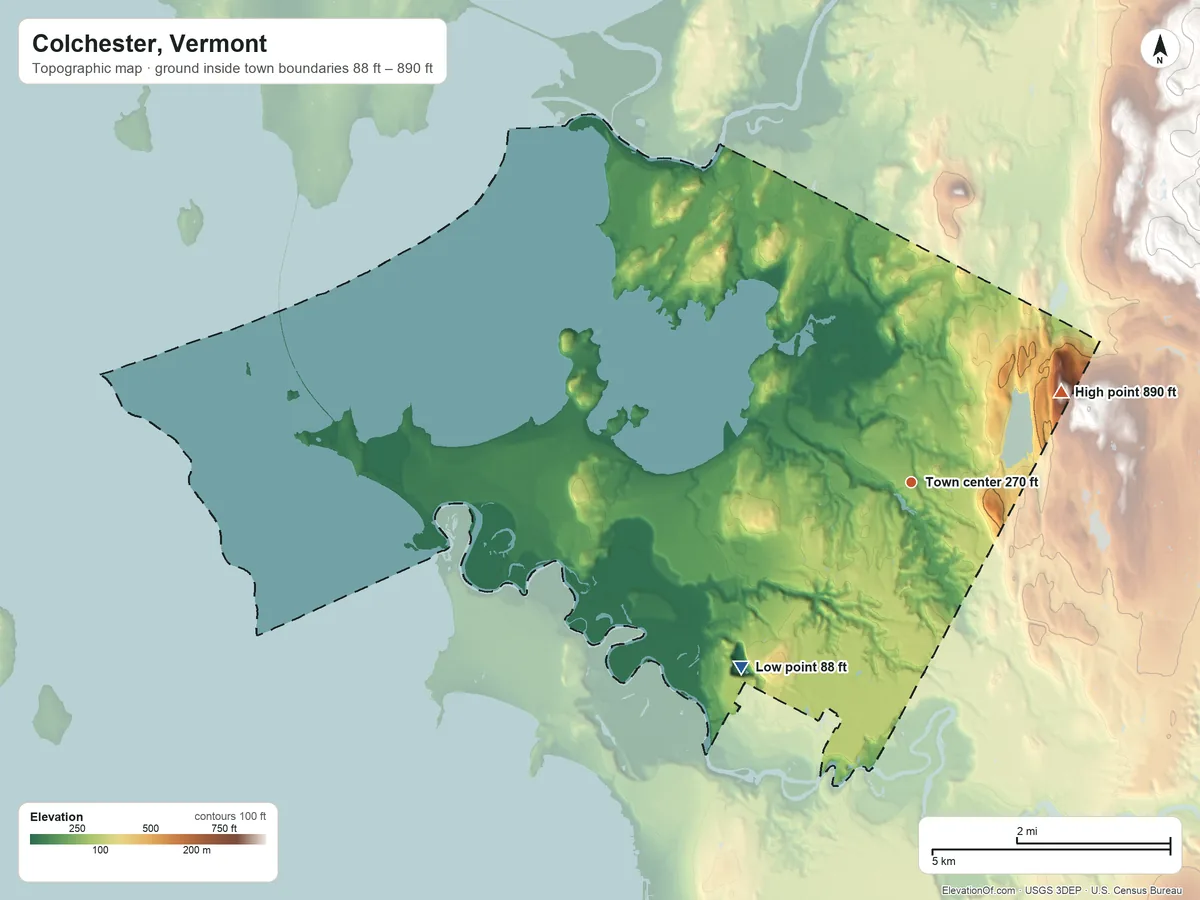 Topographic elevation map of Colchester, Vermont, shaded from 88 ft on the southwest side to 890 ft on the northeast side