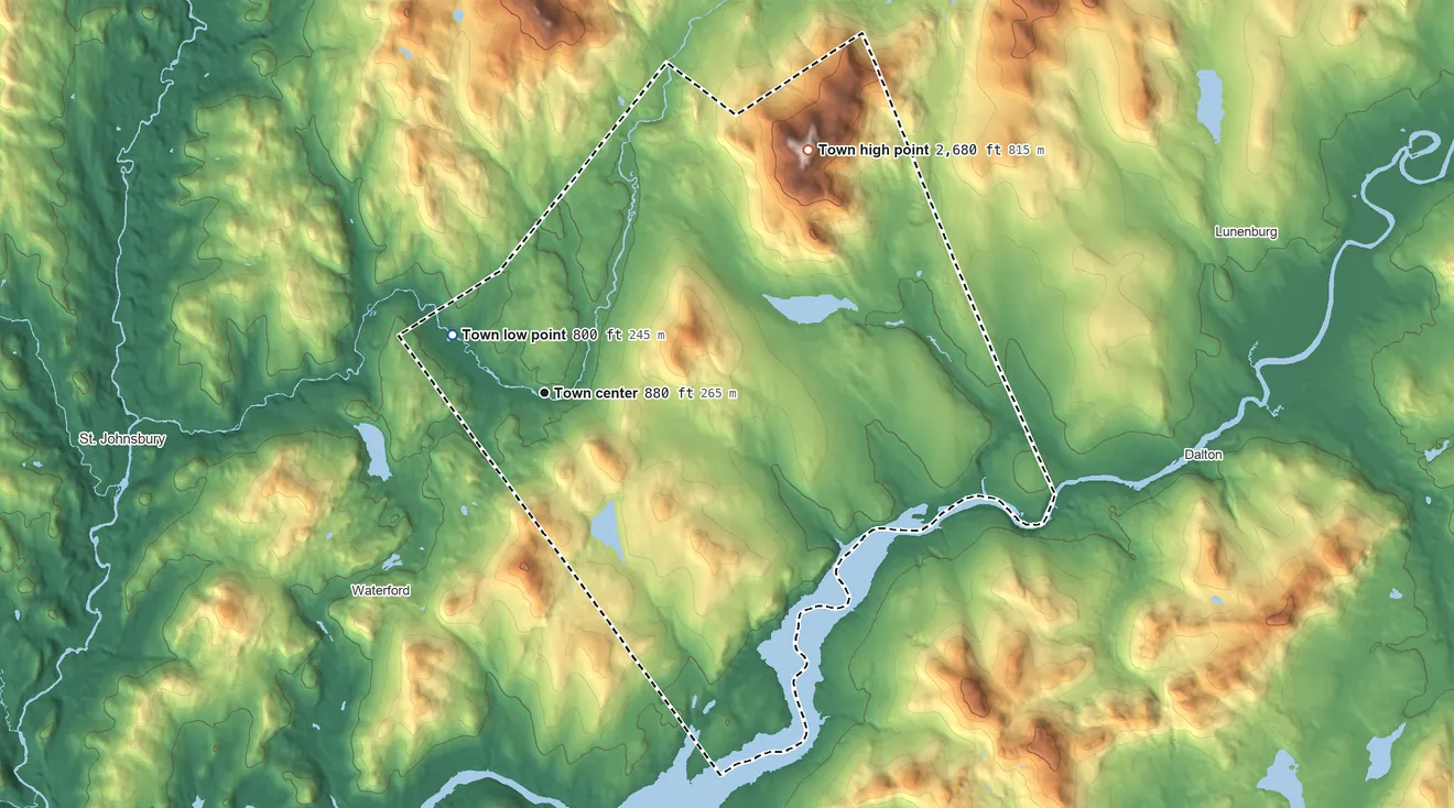 Topographic elevation map of Concord, Vermont, shaded from 800 ft on the northwest side to 2,680 ft on Miles Mountain