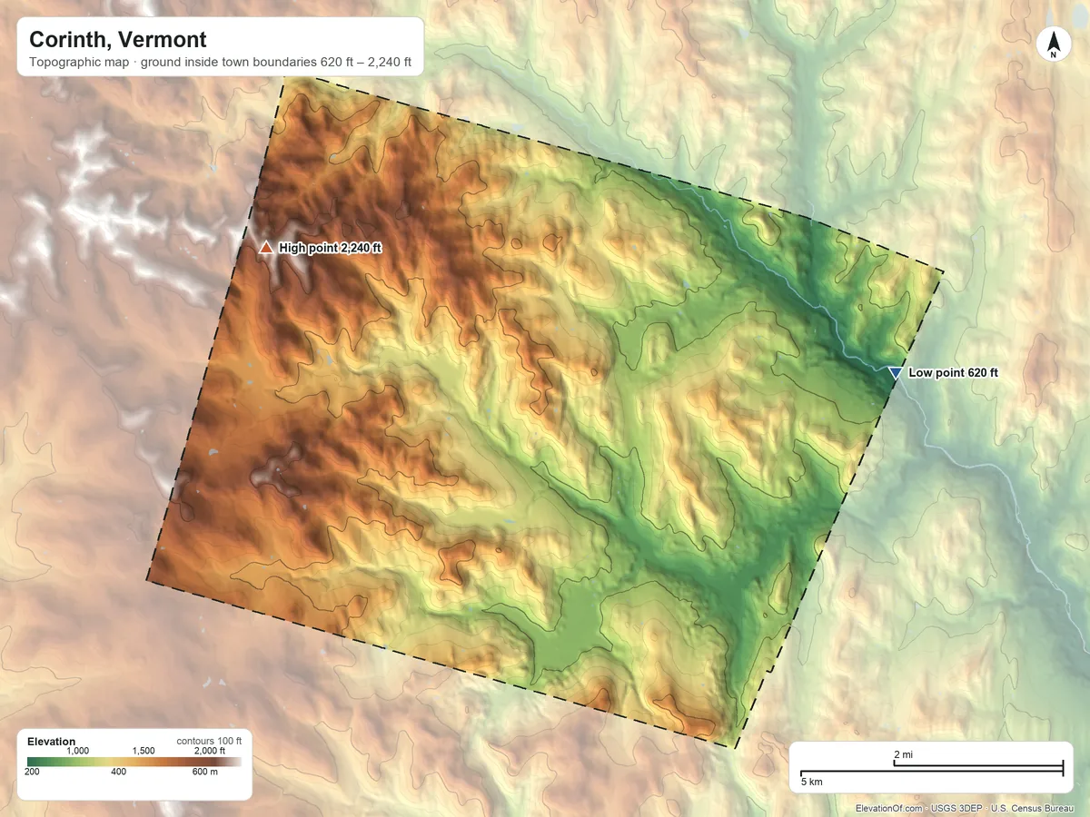 Topographic elevation map of Corinth, Vermont, shaded from 620 ft on the east side to 2,240 ft on Mayston Hill