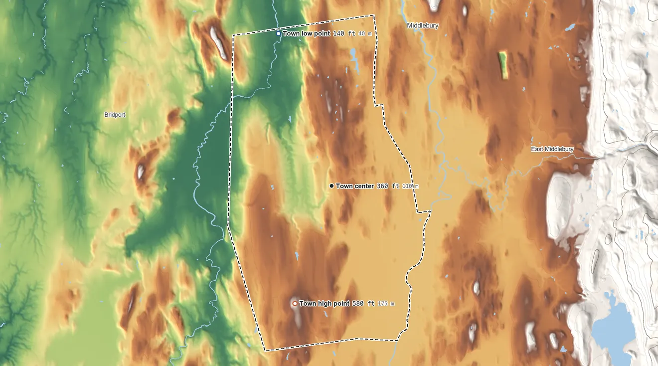 Topographic elevation map of Cornwall, Vermont, shaded from 140 ft on the north side to 580 ft on De Long Hill
