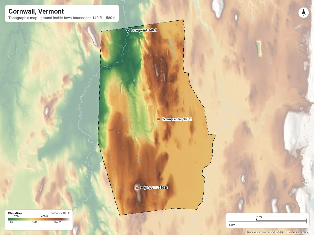 Topographic elevation map of Cornwall, Vermont, shaded from 140 ft on the north side to 580 ft on De Long Hill