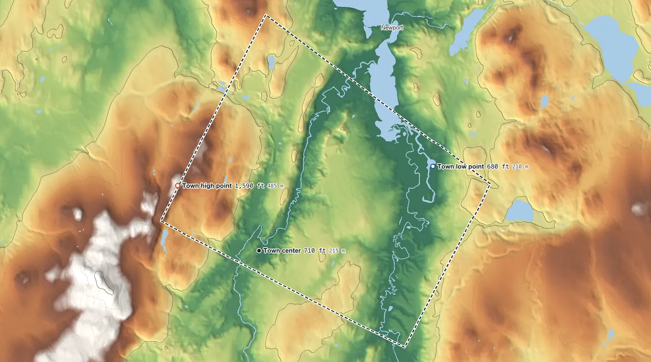 Topographic elevation map of Coventry, Vermont, shaded from 680 ft on the northeast side to 1,590 ft on the northwest side