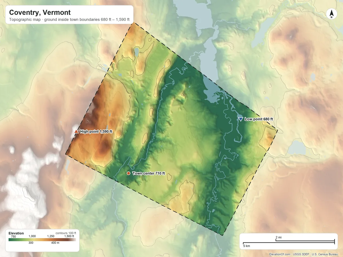 Topographic elevation map of Coventry, Vermont, shaded from 680 ft on the northeast side to 1,590 ft on the northwest side